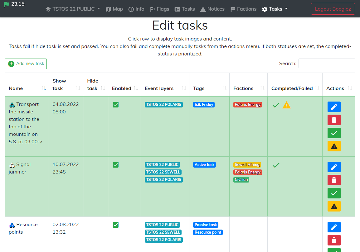 Tasks edit window. You can mark the tasks cancelled, succeed or failed.